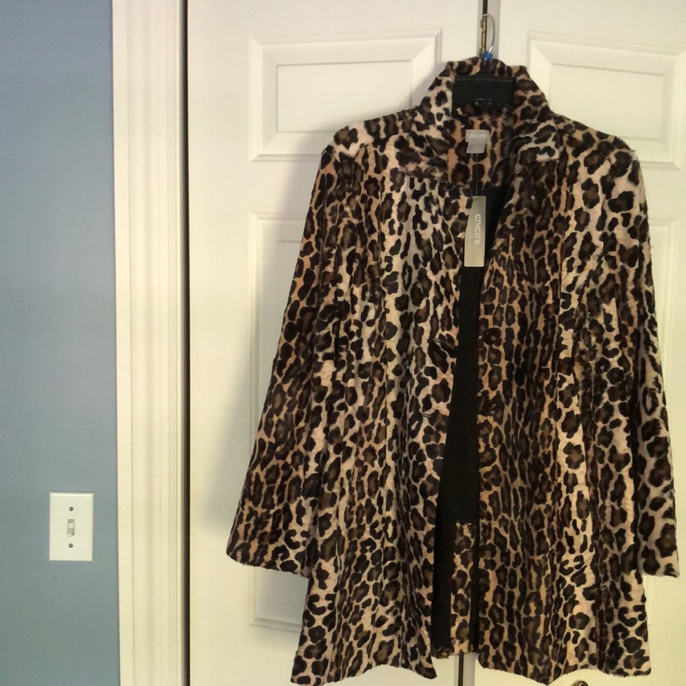 NWT Chico’s Faux Fur Animal Print 2 Petite Jacket